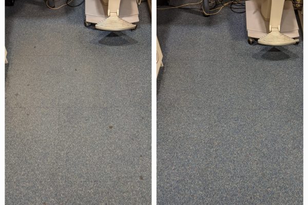 Before and after image of a carpet cleaned at Boots London Wall, demonstrating safe cleaning around water-sensitive equipment.