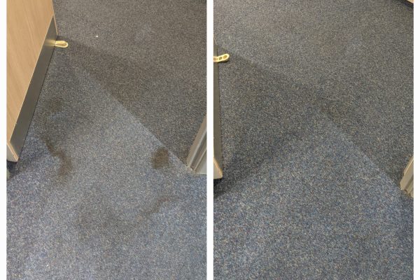 Before and after comparison of a heavily stained carpet at Boots London Wall, successfully cleaned to restore its original condition.