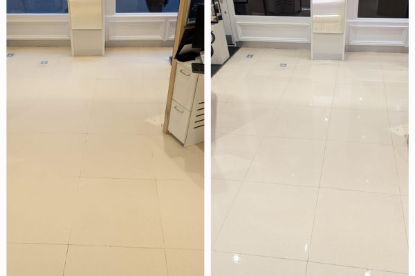 Deep cleaning results at Boots London Wall, restoring the shine to the main shop floor tiles.