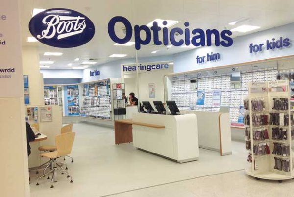 Front exterior of Boots Opticians, London Wall.